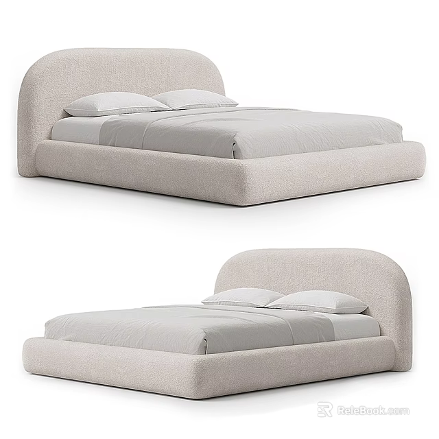 Minimalist Modern Upholstered Double Bed Featuring Soft Beige Fabric Headboard And Platform Bedroom Interior 3d model 