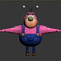 Cartoonish Game Movie Character With Pink Body Blue Overalls Antennae Green Nose And Outstretched Arms