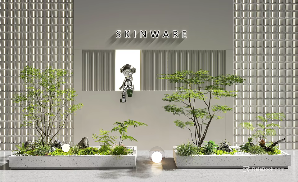 Indoor Landscape Design With Vertical Slat Walls Green Plants Decorative Figure And Round Lights 3d model 