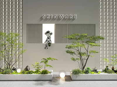 Indoor Landscape Design With Vertical Slat Walls Green Plants Decorative Figure And Round Lights 3d model