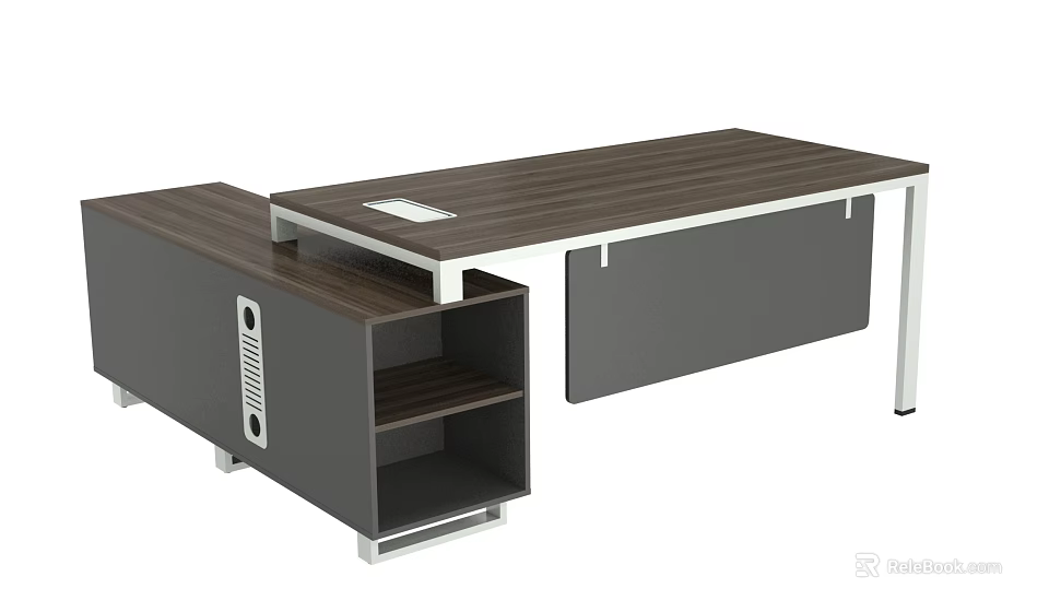 Modern Office Desk With Wooden Top Metal Frame And Side Storage Shelves 3d model 