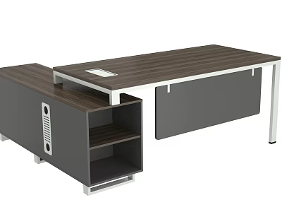 Modern Office Desk With Wooden Top Metal Frame And Side Storage Shelves 3d model