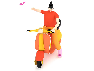 Game Movie Character Riding Orange Yellow Scooter With Red Top Yellow Pants And Bun Hairstyle 3d model