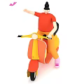 Game Movie Character Riding Orange Yellow Scooter With Red Top Yellow Pants And Bun Hairstyle