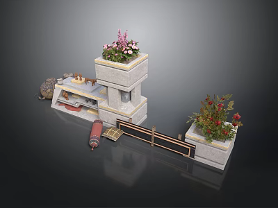 Multi Tiered Stone Platforms With Flower Pots And Wooden Railing And Plants 3d model