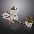 Multi Tiered Stone Platforms With Flower Pots And Wooden Railing And Plants