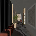 Elegant Modern Elevator Lobby With Potted Plant Chairs Patterned Carpet Decorative Painting And Ceiling Lights