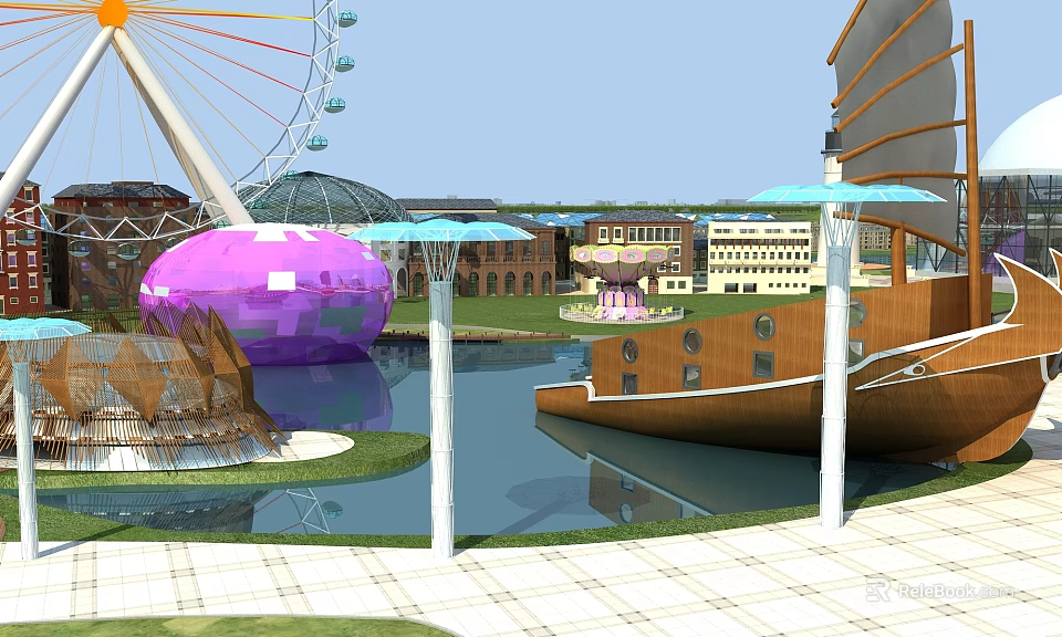 Amusement Park With Ferris Wheel Purple Spherical Building Small Boat Pond Umbrellas And Grassland 3d model 