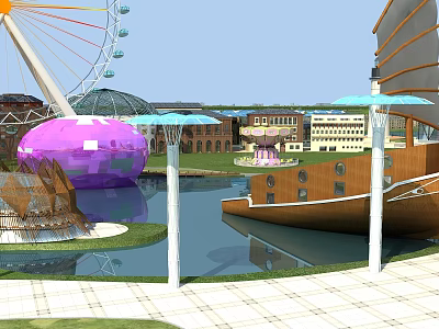 Amusement Park With Ferris Wheel Purple Spherical Building Small Boat Pond Umbrellas And Grassland 3d model