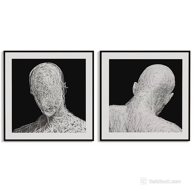 Black and White Abstract Painting With Line Art Human Head Upper Body Two Panel Framed 3d model 