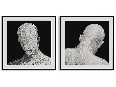 Black and White Abstract Painting With Line Art Human Head Upper Body Two Panel Framed 3d model