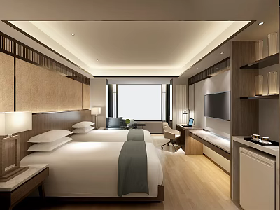 Hotel Guest Room Modern Interior With Double Bed Bedside Lamps Window TV And Wooden Flooring 3d model