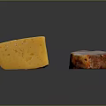 Delicious Yellow Cheese with Holes and Cooked Red Brown Bacon on Dark Background