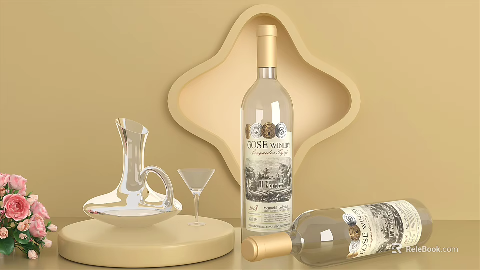 Elegant Wine Bottle and Glass Display with Transparent Decanter and Beige Background 3d model 