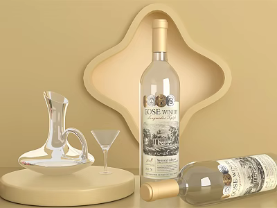 Elegant Wine Bottle and Glass Display with Transparent Decanter and Beige Background 3d model