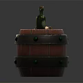 Decorative Ornament Set with Wooden Barrel Base Green Bottle Rolled Scrolls and Silver Rings