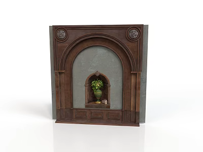 Decorative Architectural Niche With Wooden Frame Arched Design Circular Carvings Gray Background And Green Plant 3d model