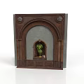 Decorative Architectural Niche With Wooden Frame Arched Design Circular Carvings Gray Background And Green Plant