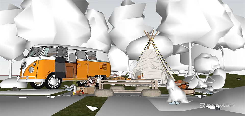 Scenic Camping Spot With Orange Van Teepee Tent And Picnic Table 3d model 