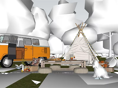 Scenic Camping Spot With Orange Van Teepee Tent And Picnic Table 3d model