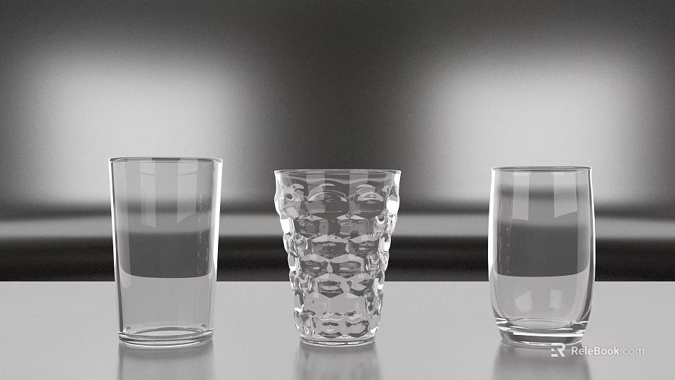 Three Different Glass Drinking Cups on Gray Background with Transparent Design 3d model 