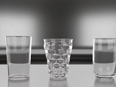 Three Different Glass Drinking Cups on Gray Background with Transparent Design 3d model