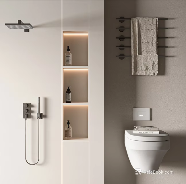 Modern Bathroom Interior Design with Shower Head LED Wall Niche Towel Rack and Toilet 3d model 