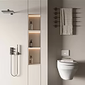 Modern Bathroom Interior Design with Shower Head LED Wall Niche Towel Rack and Toilet