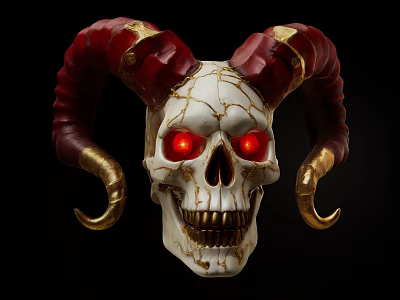 Skull Shaped Decorative Ornament Set With White Skull Red Gold Horns And Red Glowing Eyes 3d model