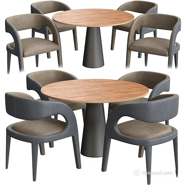 Modern Round Wooden Dining Table With Gray Upholstered Chairs And Stable Conical Base 3d model 