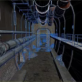 Industrial Tunnel Interior With Large Metal Pipes Brick Walls And Railings