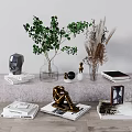 Decorative Ornaments Set With Green Plants Dried Flowers Geometric Figurines Golden Sculpture Photo Frame Books