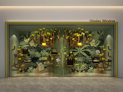 Elegant Display Window Featuring Green Botanical Background And Hanging Luxury Bags With Yellow Lights 3d model