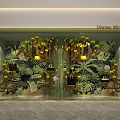 Elegant Display Window Featuring Green Botanical Background And Hanging Luxury Bags With Yellow Lights