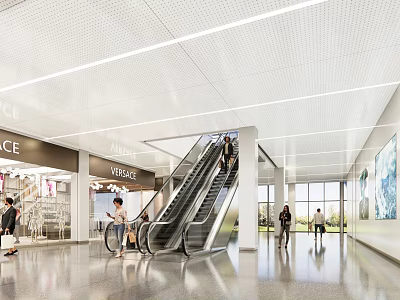 Modern Shopping Mall Lobby With Escalator Brand Stores Perforated Ceiling And People Walking 3d model