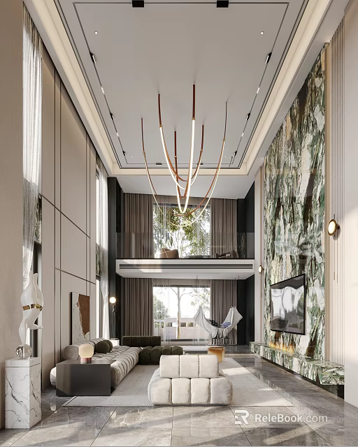 Modern Duplex Living Room With Decorative Chandelier Marble Wall And Floor To Ceiling Windows 3d model 