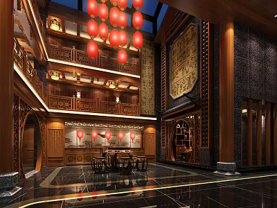 Traditional Teahouse Interior Design With Wooden Structure Red Lanterns And Multi Level Decor 3d model