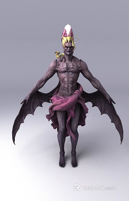 Game Movie Fantasy Character Featuring Muscular Purple Body Bat Like Wings Golden Headpiece Purple Cloth 3d model 