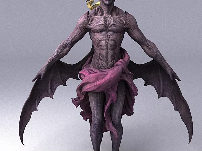 Game Movie Fantasy Character Featuring Muscular Purple Body Bat Like Wings Golden Headpiece Purple Cloth 3d model