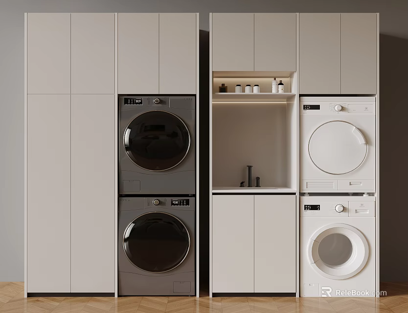 Black and White Stackable Washing Machines in Modern White Cabinet Laundry Area 3d model