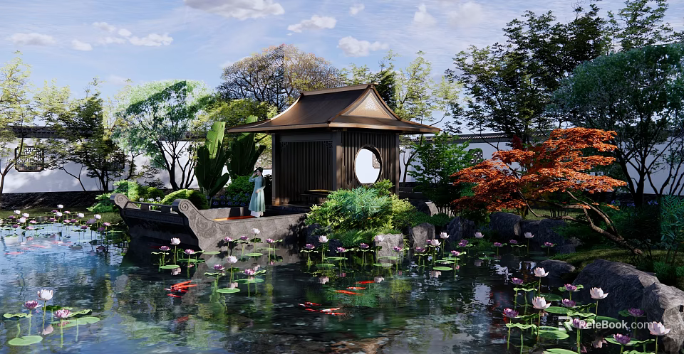 Traditional Chinese Style Pergola In Garden With Pond Lotus Flowers And Koi Fish 3d model 