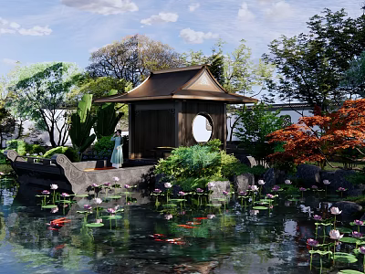 Traditional Chinese Style Pergola In Garden With Pond Lotus Flowers And Koi Fish 3d model