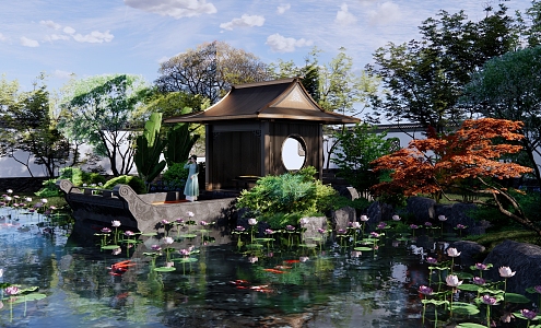 New Chinese Courtyard Garden Jiangnan Garden Stone Boat Painted Boat Stone Boat Corridor Pavilion Corridor Frame Lotus 3d model