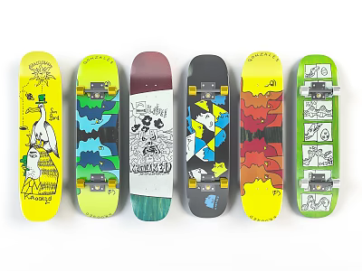 Display of Colorful Skateboards With Diverse Artistic Designs And Unique Graphics 3d model