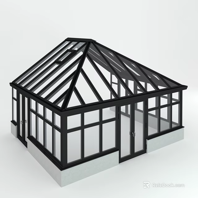 Modern Glass House Structure With Black Frame Large Glass Windows And Sloped Roof 3d model 