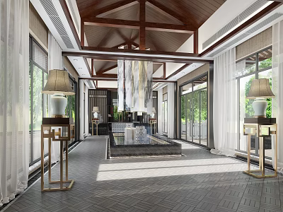 Traditional Cultural Center Interior With Wooden Beams And Water Feature 3d model