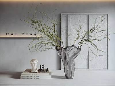 Decorative Ornament Set with Twig-Filled Transparent Vase White Sculpture Black Ornaments and Gray Wall Decor 3d model