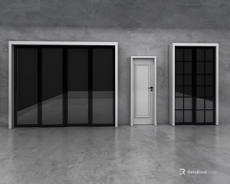 Modern Sliding Doors With Various Glass Panel Designs And Black Frames 3d model 