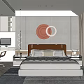 Modern Elegant Bedroom Interior With Circular Wall Art Bed Nightstands And Desk