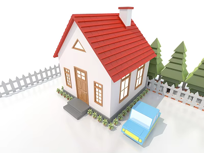Cartoon Scenic House With Red Roof White Picket Fence Green Trees And Blue Car 3d model